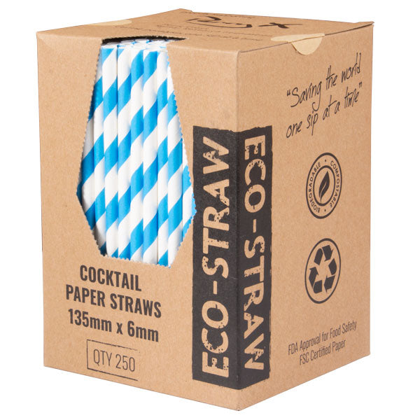 ECO STRAWS - COCKTAIL - PAPER STRAW - 3 PLY - BLUE STRIPE