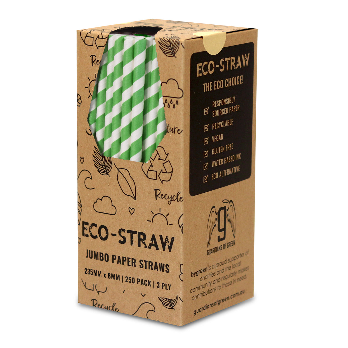 ECO STRAWS - JUMBO - PAPER STRAW - 3 PLY - GREEN STRIPE