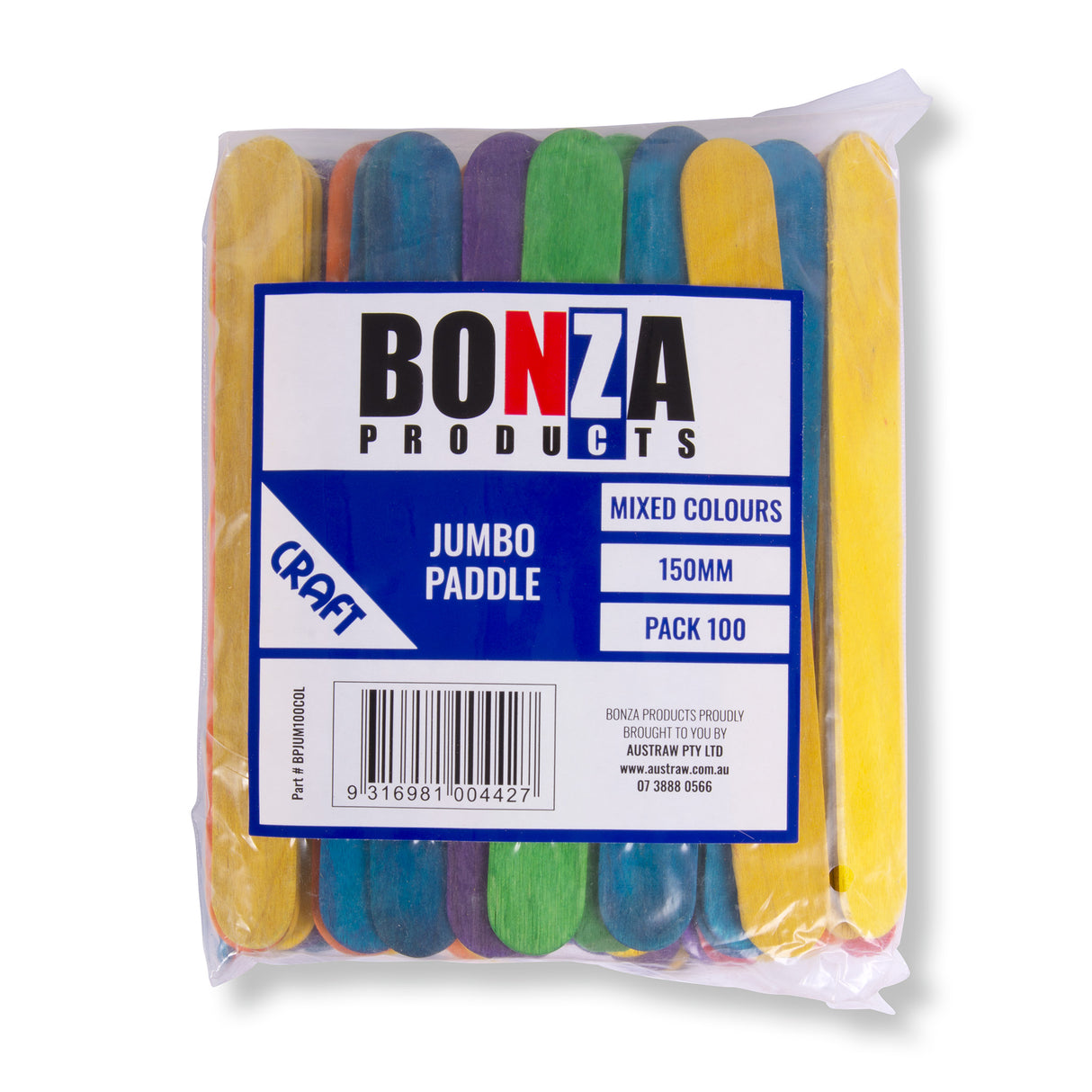 BONZA - WOODEN PADDLE POP STICKS - MIXED COLOURS - 150MM