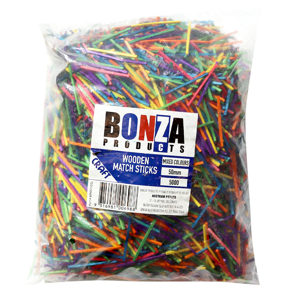 BONZA - WOODEN MATCH STICK - MIXED COLOURS - 50MM - PACK 5000