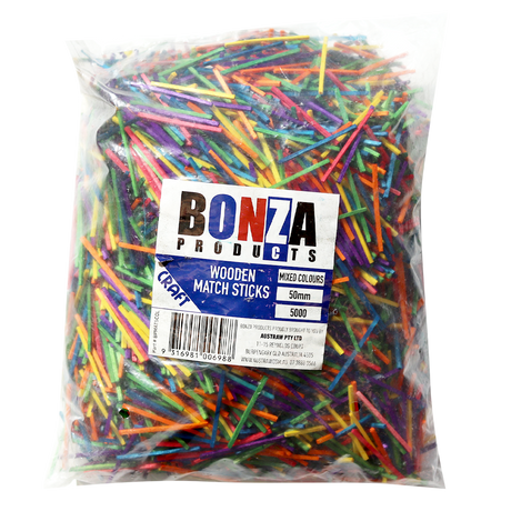 BONZA - WOODEN MATCH STICK - MIXED COLOURS - 50MM - PACK 5000