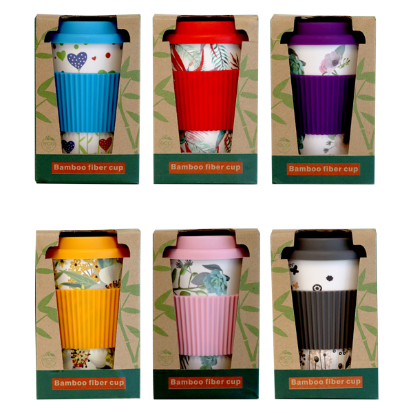 GO GREEN - BAMBOO COFFEE CUP WITH SILICONE LID - ASSORTED DESIGNS - 400ML