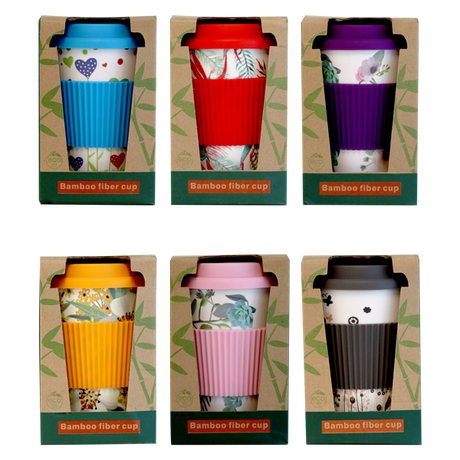 GO GREEN - BAMBOO COFFEE CUP WITH SILICONE LID - ASSORTED DESIGNS - 400ML