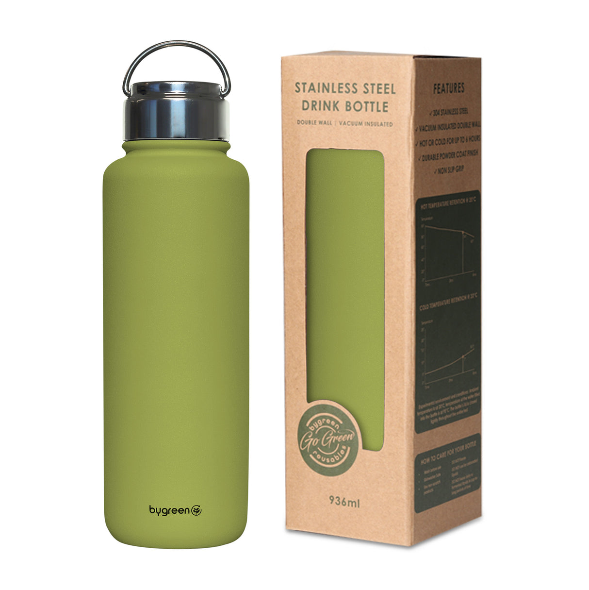 GO GREEN - REUSABLE DRINK BOTTLE - 936ML - OLIVE