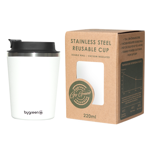 GO GREEN - REUSABLE COFFEE CUP - 220ML - WHITE